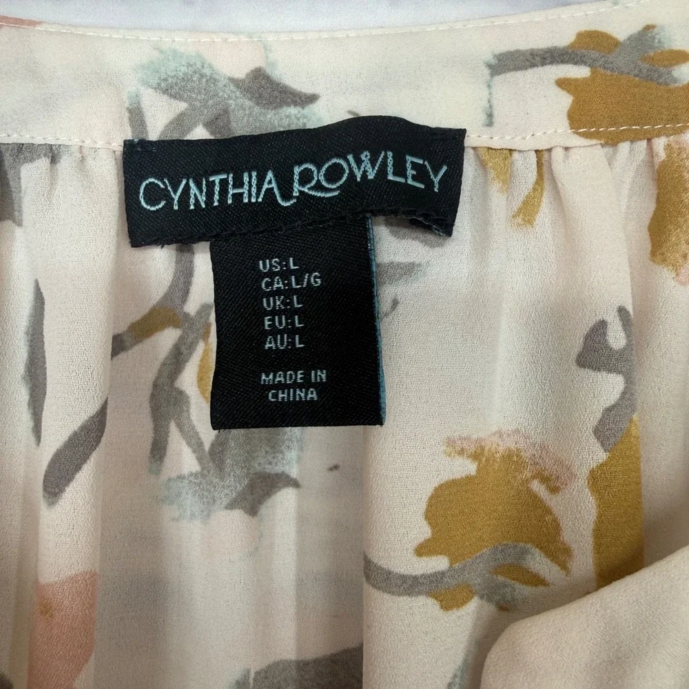 Cynthia Rowley Floral Blouse Womens Large Cream Long‎ Sleeve
